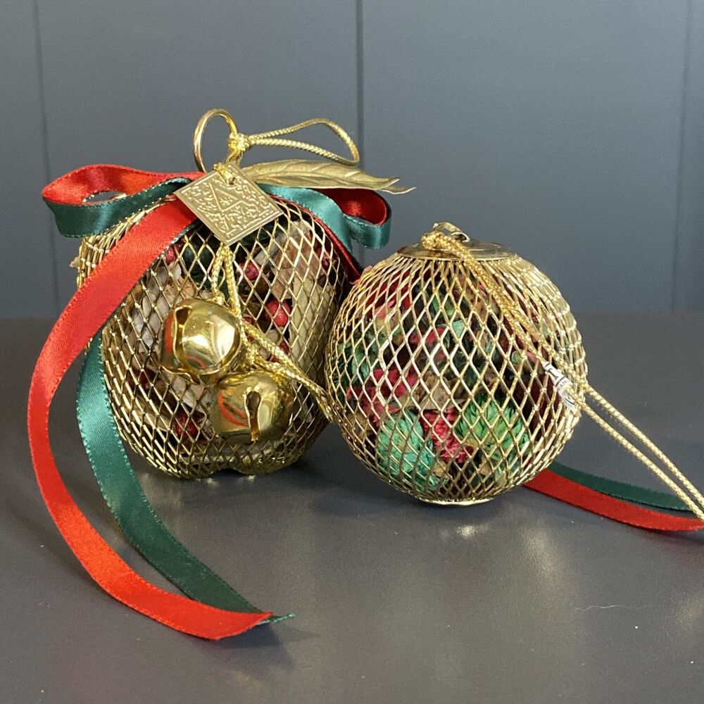 2 Brass Mesh Wire Potpourri Holder Christmas Ornaments Apple and Ball Holiday